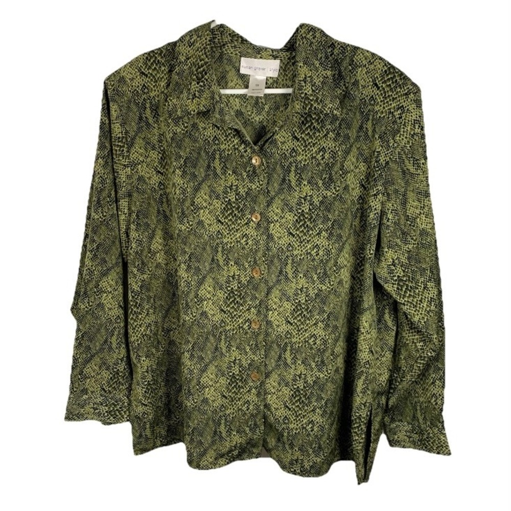 Susan Graver Snake Print Button Down Shirt Blouse Top 1X Olive Green Split Hem